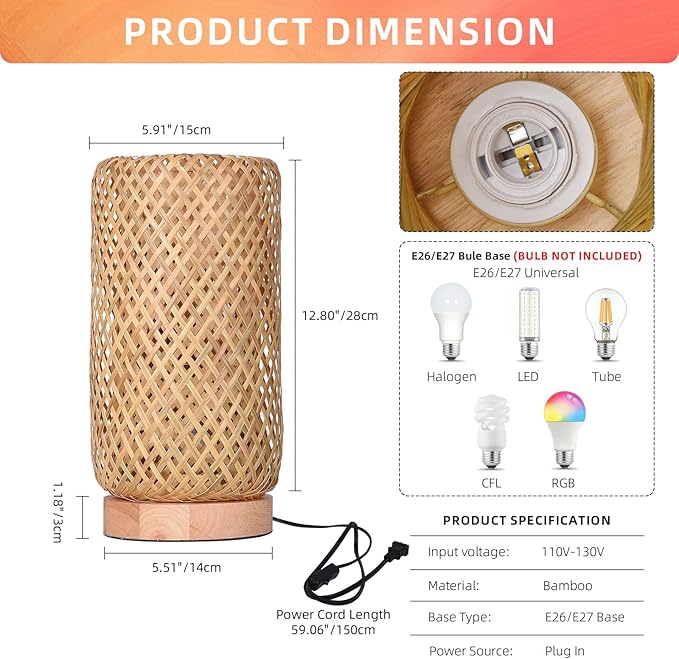 Arturesthome Bamboo Desk Light Woven Boho Beside Lamp Vintage Wicker Wooden Nightstand Lamp for Living Room,Kids Room,Nursery Room Decor - Bloomnest