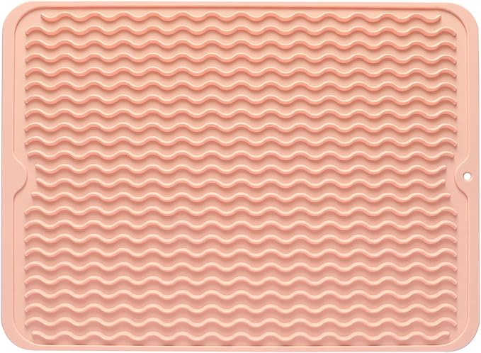 Silicone Dish Drying Mat for Multiple Usage,Easy clean,Eco-friendly,Heat-resistant Silicone Mat for Kitchen Counter or Sink,Refrigerator or drawer liner Pink L 16 inches x 12 inches - Bloomnest