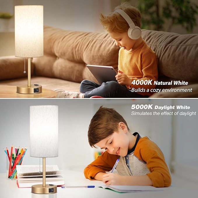 Dicoool Gold Bedside Table Lamp for Bedroom, 17Inch Tall Nightstand Lamp with USB C & A Ports & AC Outlet, 3 Color Temperatures Pull Chain Side Table Lamp for Living Room/Kitchen/Dorm/Office - Bloomnest