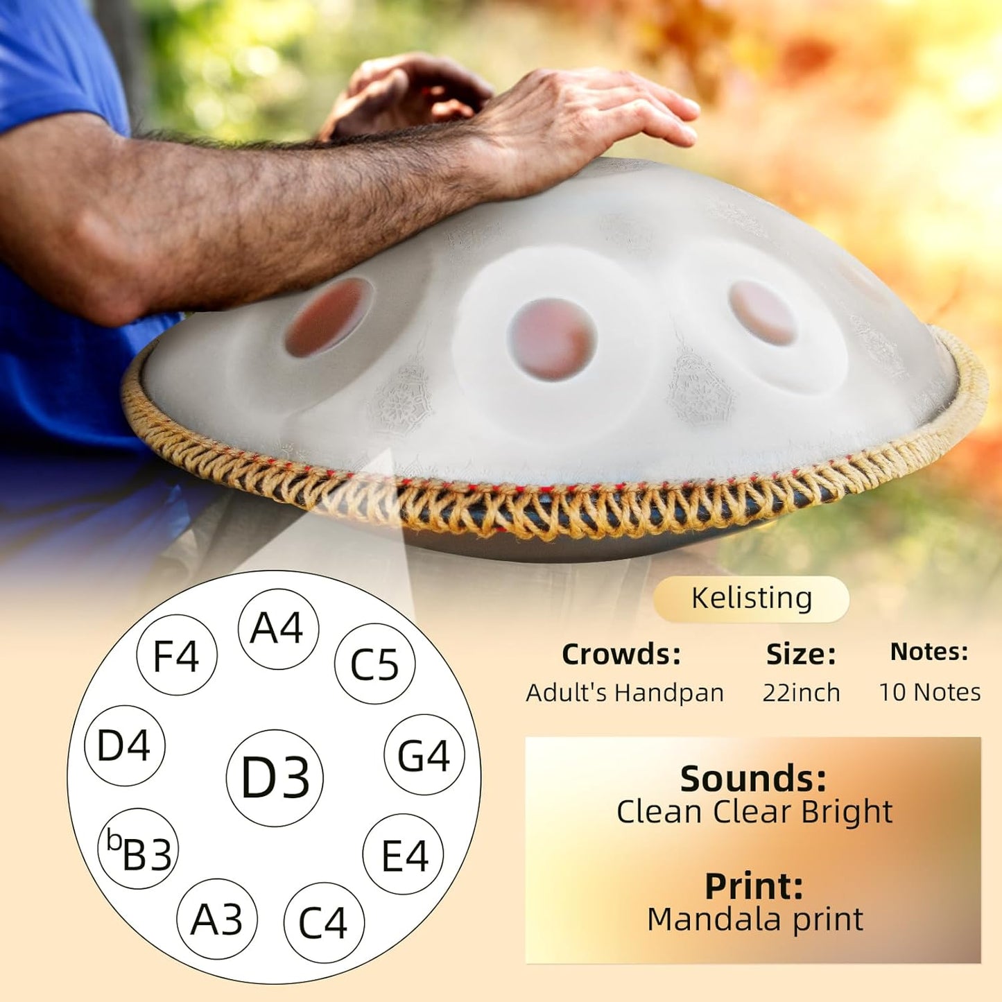 Handpan Drum,22inch 10 Sounds D Minor Silver Print 432hz Handpan,Adult's Steel Hand Pan Instrument,Sounds Clean Clear Ethereal