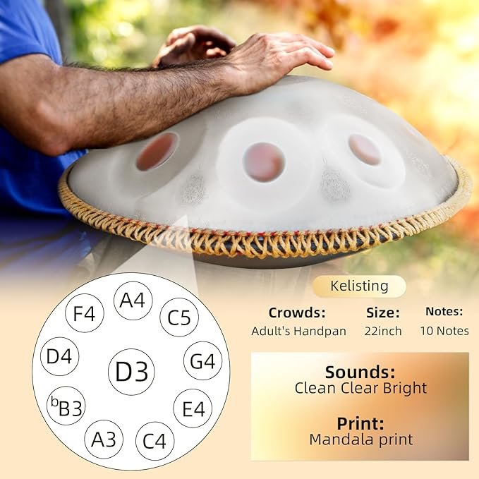 Handpan Drum,22inch 10 Sounds D Minor Silver Print 432hz Handpan,Adult's Steel Hand Pan Instrument,Sounds Clean Clear Ethereal - Bloomnest