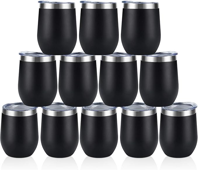 12 Pack Stainless Steel Wine Tumblers, 12Oz Double Wall Vacuum Insulated Wine Tumblers with Lids and Straws, Stainless Steel Stemless Wine Glasses for Coffee, Wine, Cocktails, Champaign, Black - Bloomnest