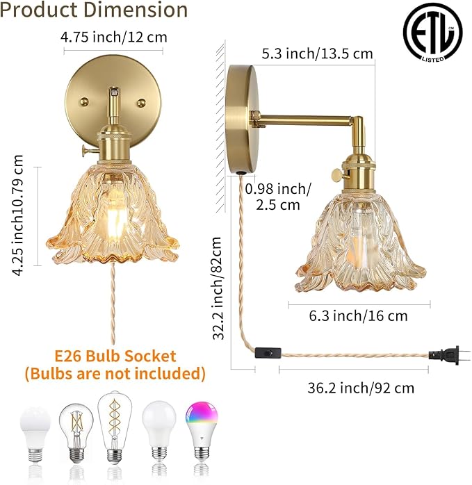 Vintage Plug in Wall Sconces Set of 2, Cabbage Amber Lampshade & 180 Degree Adjustable, Brass Wall Lights, for Bedroom Living Room Hallway Aisle, Bulbs Not Included, ETL Listed - Bloomnest