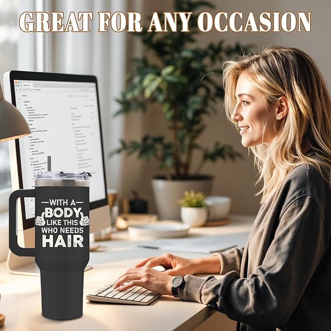 DUUV Funny Bald Guy Tumbler 40 Oz, 'With a Body Like This Who Needs Hair' Funny Insulated Mug for Christmas Thanksgiving, Gag Gifts for Bald Men, Gym Lovers, Husbands, Boyfriends, Dad Jokes, 1PCS - Bloomnest