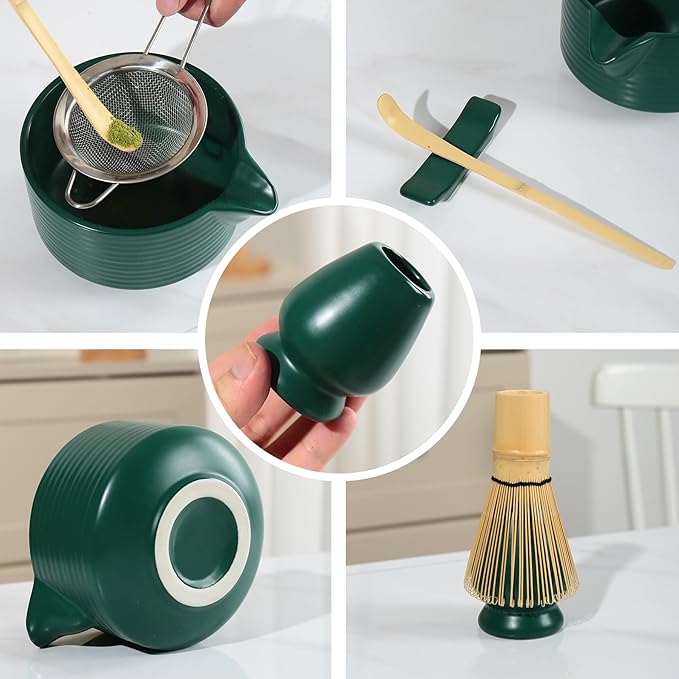 Matcha Whisk Set,Matcha Making Set with Dark Green Bowl,Matcha Whisk Holder, Stainless Sifter & Scoop, Tea Towel,Traditional Matcha Tea Set for Ceremony,Dark Green,7Pcs - Bloomnest