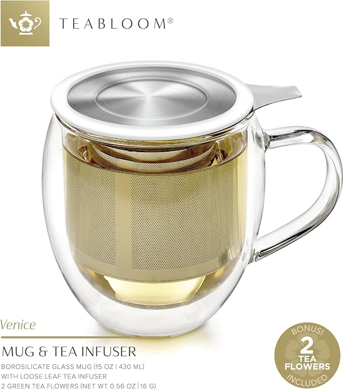 Teabloom Stay-Hot Heatproof Glass Mug with Loose Tea Infuser and Lid – 15 oz /430 mL – 2 Blooming Teas Included - Bloomnest