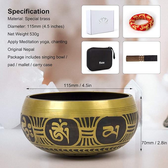 Tibetan Handcrafted Nepal Singing Bowl, 4.5 inch Master Healing Grade, Pure Tone Sound Art Bowls Meditation Accessories Set for Yoga, Chakra Healing, Mindfulness, Stress Relief, Self-Regulation Gift - Bloomnest