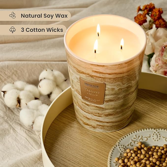 M&SENSE TobaccoVanilla Scented Candles for Home, 3-Wick Highly Scented Jar Candles, Extra Large Candle 35 Oz 150 Hours Long Lasting Burning, Relaxing Aromatherapy Candle for Stress Relief, Meditation - Bloomnest