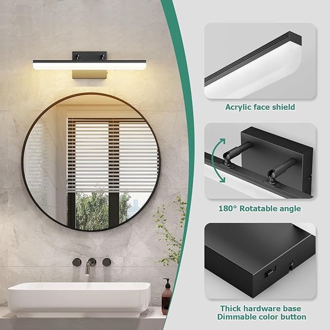 15.7" Black LED Bathroom Vanity Light 5CCT–Dimmable Wall Mount Fixture with Adjustable Angle, Modern Lighting for Powder Room, Vanity Mirror Home & Apartment Use - Bloomnest