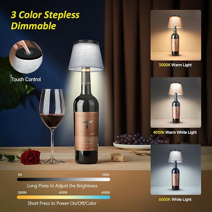 2025 New Bottle Lamp - LED Bottle Lights for Liquor & Wine Bottles, Cordless Lampshade, Whiskey Bottle Top Light, Bottle Stopper Night Light Kit, Rechargeable 3-Tone Touch-Dimmable - Bloomnest