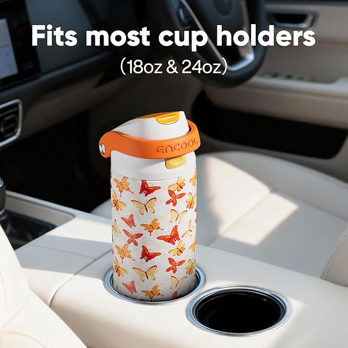 ENCOOL Leakproof Insulated Water Bottle with Straw Dual-Sip Water Bottle Bag-Safe Design for Work, Commute & Gym – Keeps Drinks Cold All Day, 24 oz, Sunset Butterflies ENCOOL