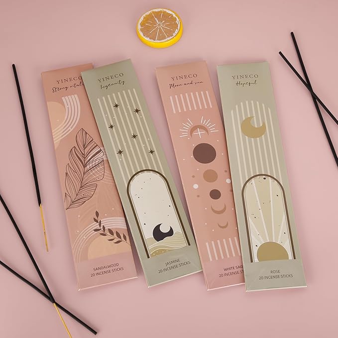 Incense Sticks Set of 80-6 Scents (Palo Santo, Sandalwood, Jasmine, Rose Geranium) Organic & Slow-Burning for Relaxation, Meditation & Positive Vibes (Hopeful) YINECO