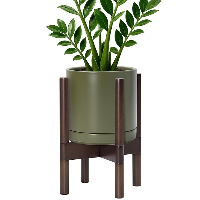 D'vine Dev Ceramic Planter with Walnut Color Stand - 8 Inch Modern Round Flower Pot with Wood Planter Holder, Olive, 55-B-Y-J - Bloomnest