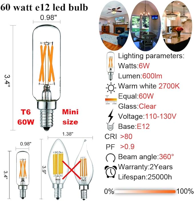 LiteHistory LED Bulb Dimmable 6W Equal Warm White 2700K T6 T25 E12 Candelabra Bulb 60 watt for Chandeliers,Ceiling Fan,Pendant,Wall sconces AC120V 600LM e12 Light Bulb 6Pack - Bloomnest