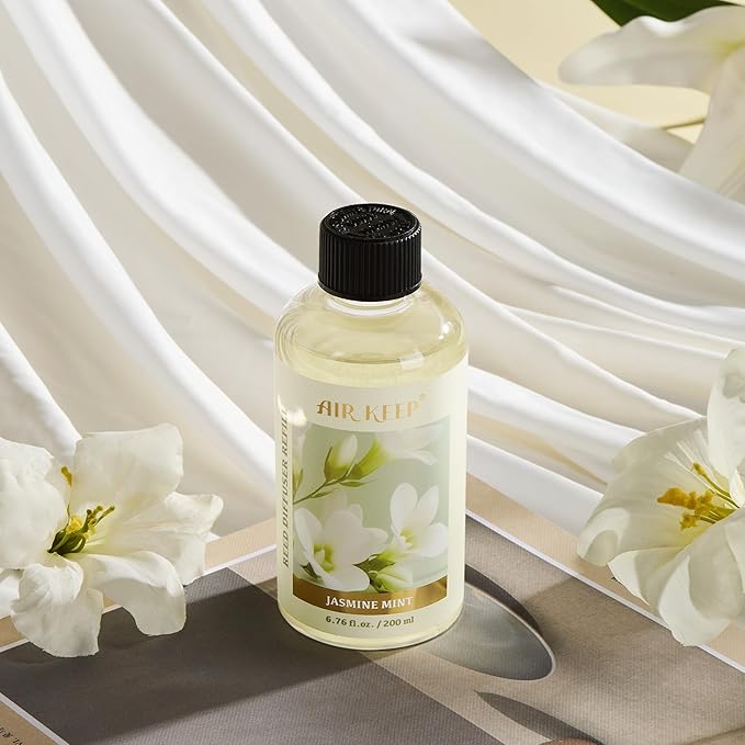 Airkeep Reed Diffuser Oil Refill with Diffuser Sticks, 6.76 Fl Oz(200ml) Jasmine Mint Scented Oils, Aroma Therapy, Home Fragrance & Air Freshener, Office Décor, Decoration - Bloomnest