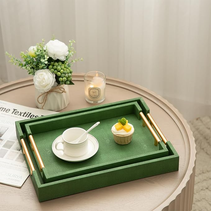 Decorative Tray Set of 2, Green Shagreen Leather Tray, Modern Elegant Rectangle Serving Trays with Gold Polished Metal Handles, Ottoman Trays Coffee Table Perfume Kitchen Home Decor - Bloomnest