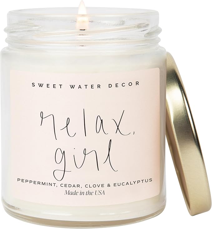 Sweet Water Decor Relax Girl, Peppermint, Cedar, Clove, and Eucalyptus Scented Soy Wax Candle for Home | 9oz Clear Jar, 40 Hour Burn Time, Non Toxic, Made in The USA - Bloomnest