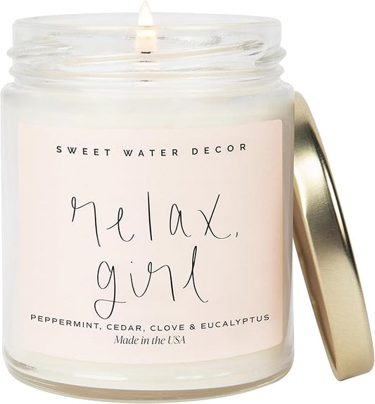 Sweet Water Decor Relax Girl, Peppermint, Cedar, Clove, and Eucalyptus Scented Soy Wax Candle for Home | 9oz Clear Jar, 40 Hour Burn Time, Non Toxic, Made in The USA - Bloomnest