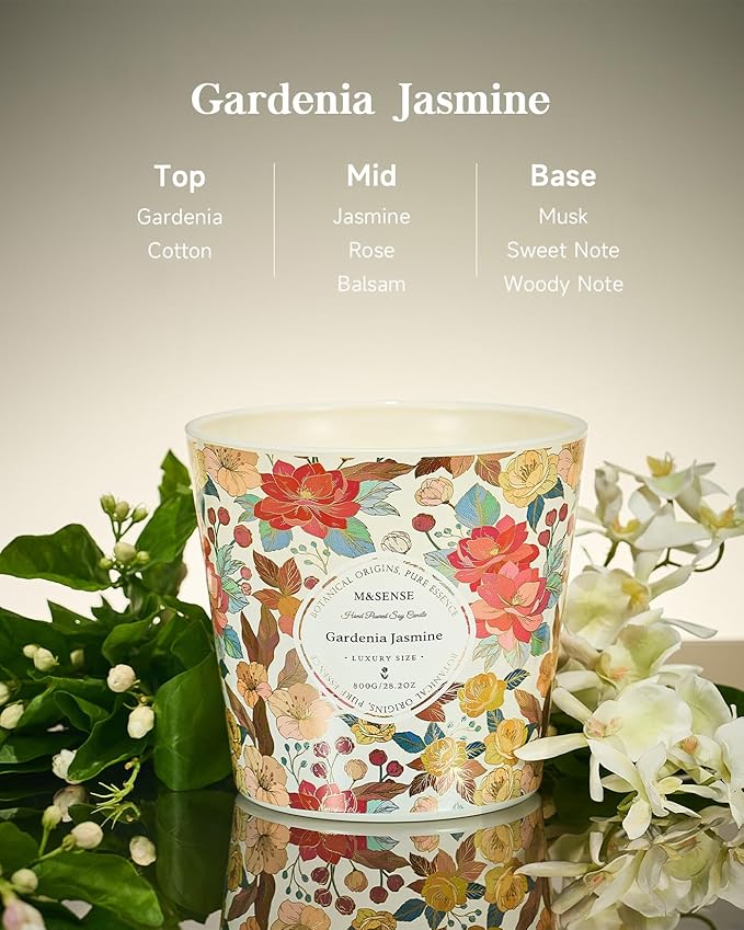 M&SENSE Gardenia Jasmine Scented Candle, 28.2oz 3 Wick Natural Soy Wax Large Candles, Long Lasting Clean Slow Clean Burning No Toxic Décor for Home Relaxation, Romantic Dates & Gift-Giving - Bloomnest