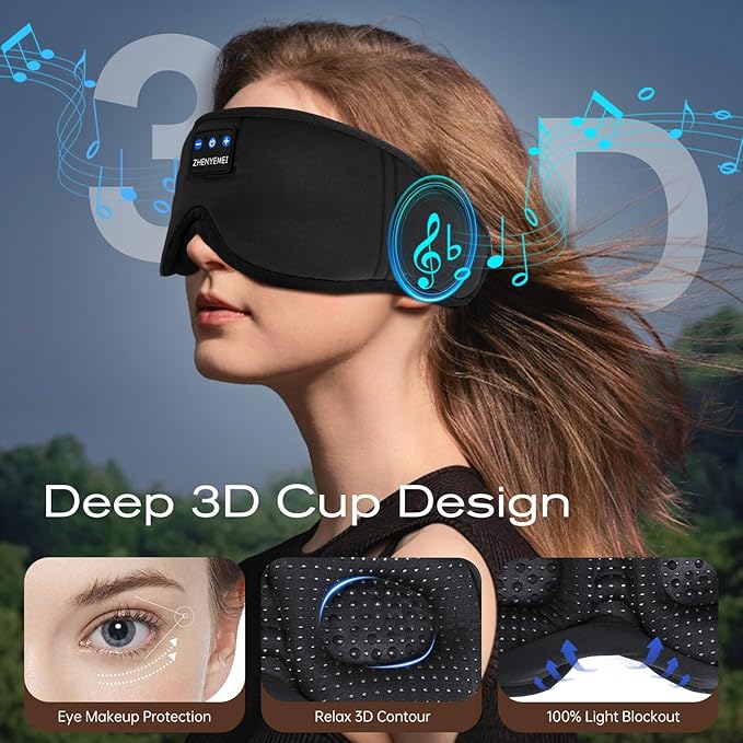 3D Sleep Mask with Bluetooth Headphones, Sleeping Headphones for Side Sleepers, Wireless Music Eye Mask with Ultra-Thin Stereo Speakers for Men, Women, Tech Gifts, Black - Bloomnest