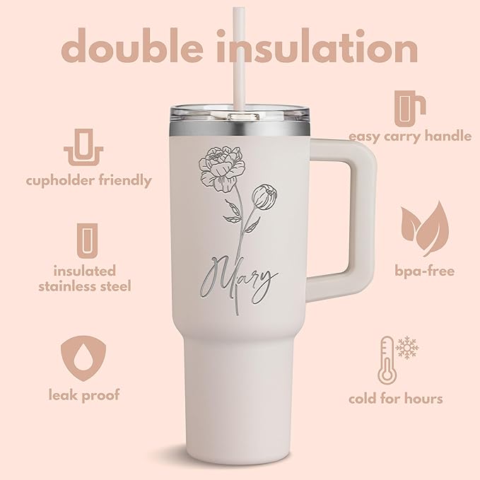 40 Oz Personalized Tumbler with Handle and Straw - Custom Name and Birth Month Flower, Stainless Steel Travel Cup - Birthday Gifts for Women, Teal - Bloomnest