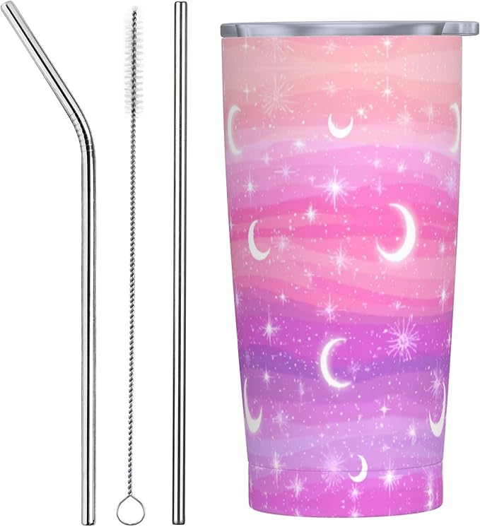 Star and Moon Tumbler with Lid and Straw 20 oz Stainless Steel Cup Insulated Tumbler Coffee Mug for Home Office or Car Christmas Birthday Gifts - Bloomnest
