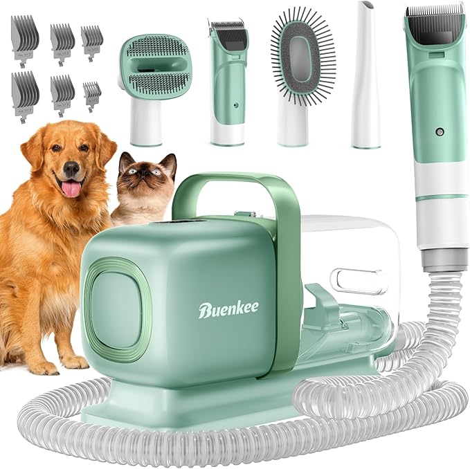 Dog Grooming Kit with Vacuum, All-in-One Pet Grooming Vacuum for Dogs and Cats, Low Noise Pet Hair Clipper & Shedding Brush, Dog Hair Remover, Cat Pet Groomer Set with Cleaning Brushes, Green - Bloomnest