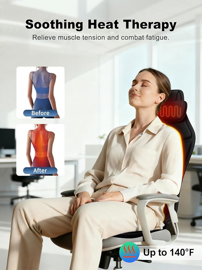 Back Massager with Heat, Massage Chair Pad for Recliner with 2 Heating Levels & 6 Vibration, Seat Cushion for Seniors, Office Workers & Family, Fatigue & Pain Relief in Office, Home & Travel - Bloomnest