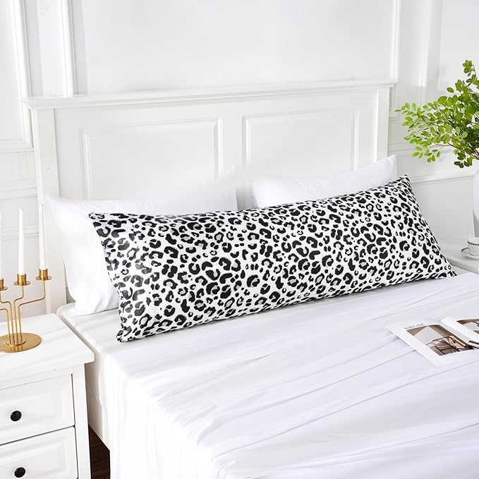 MR&HM Satin Body Pillow Cover, Soft and Breathable Body Pillow Case with Envelope Closure, Cooling and Silky Long Pillowcase for Hair and Skin,Grey (20x54, White Leopard) - Bloomnest