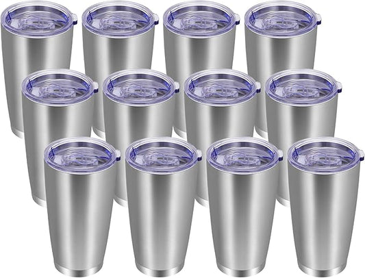 VEGOND 20oz Tumbler with Lid and Straw Stainless Steel Tumbler Cup Bulk Vacuum Insulated Double Wall Travel Coffee Mug Powder Coated Coffee Cup(Stainless 12 Pack
