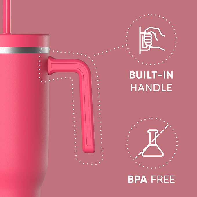 Hydrapeak Voyager 40 Oz Stainless Steel Tumbler with Handle, Insulated Water Bottle With Straw & Lid, Cupholder Friendly Reusable Travel Mug (Hot Pink) - Bloomnest