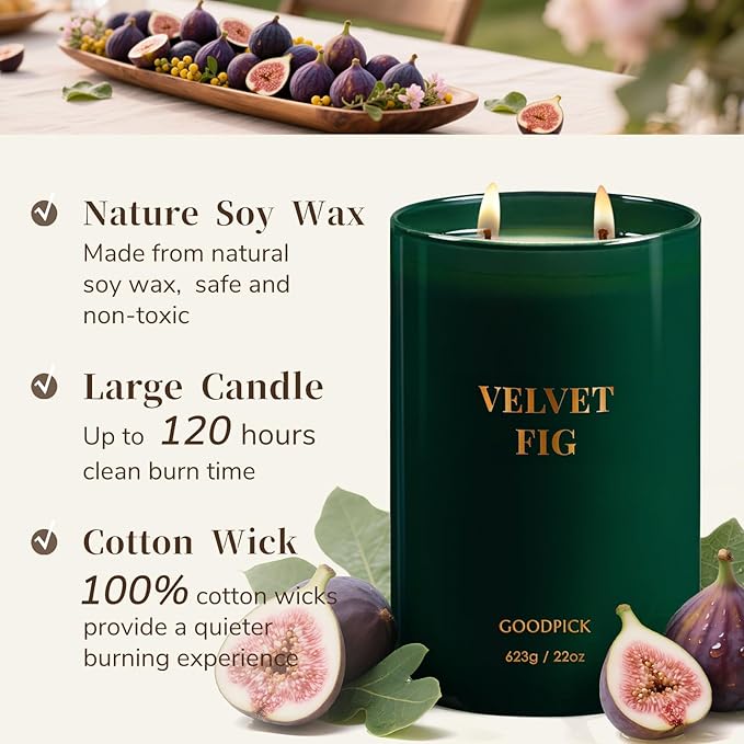 Goodpick Velvet Fig Scented Candle, Soy Wax 22oz 120H Long Burning, Juicy Fig & Creamy Hazelnut, Home Aromatherapy Candles - Bloomnest