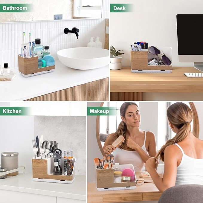 Toothbrush Holders for Bathrooms Countertop Organizer and Storage, Kids Electric Toothbrush and Toothpaste Holder, Bathroom Accessories Vanity Organizer (Wood Grain) - Bloomnest