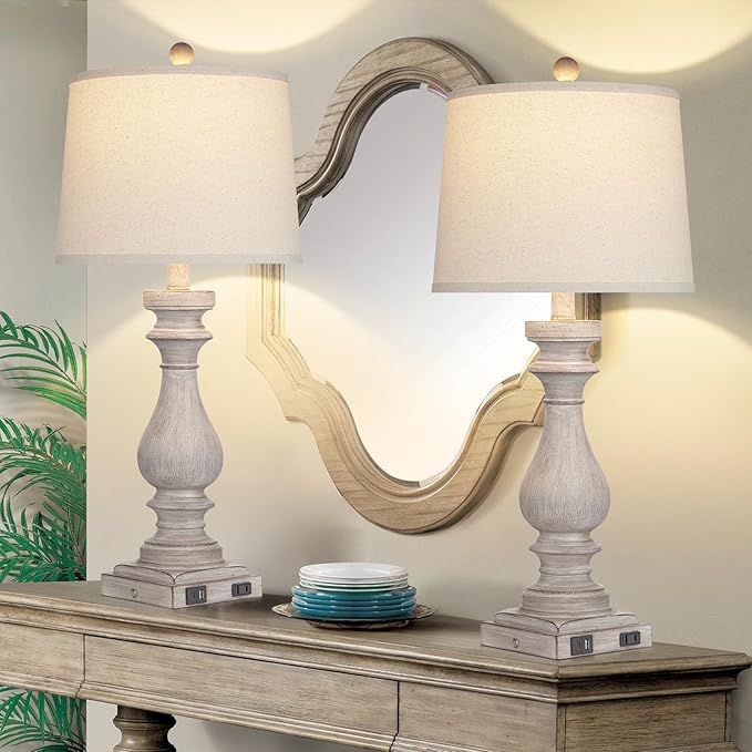 27.5" Farmhouse Table Lamp for Living Room Set of 2,Vintage Bedside Lamps with USB C+A Ports & AC Outlet,3-Way Dimmable Touch Control Gray Washed Finish Nightstand for Bedroom, Gray - Bloomnest