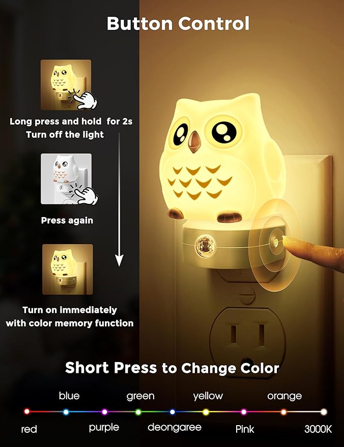 L LOHAS LED Owl Night Light for Kids, 3D Owl Night Light Plug in Wall, Dusk to Dawn Sensor, 8-Color Changing+Soft White 3000K, 3 Lighting Modes, Nursery Night Lights, Children, Room Decor - Bloomnest