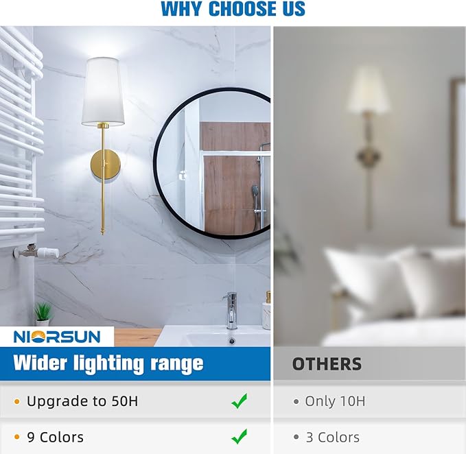 NIORSUN Gold Battery Operated Wall Sconce Set of 2,Rechargeable Wall Lights with 5200mAh Dimmable Detachable Bulbs and Remote,9 Colors Wireless Sconces for Bedroom Living Room Hallway - Bloomnest