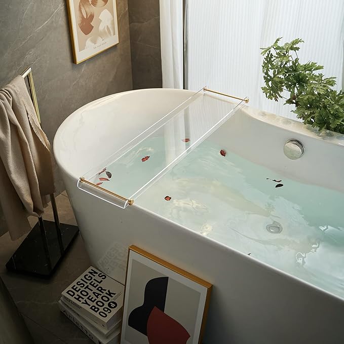 Bathtub Tray Clear Caddy Rack: Acrylic Tub Tray Shelf with Gold Rails to Hold Book Phone Candle Wine - Waterproof Bathtub Accessories, Luxury Gifts for Women - Bloomnest