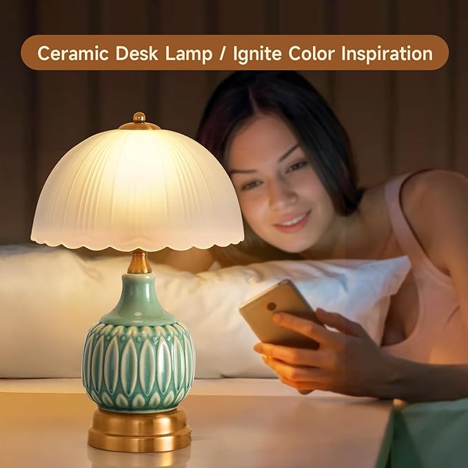 Table Lamps for Bedroom Vintage Golden Table Lamps for Bedroom Ceramic Retro Lamp for Living Room,16" Modern Bedside Nightstand Traditional Lamps, Classic Chinoiserie Green Glass Lamp for Home Decor - Bloomnest