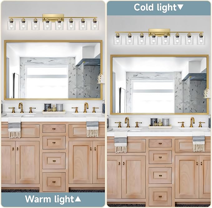 Modern Brushed Gold 8 Light Bathroom Light Fixtures, 52 inch Vanity Lights for Bathroom with Clear Glass for Mirror Kitchen Living Room Hallway Cabinet Porch - Bloomnest