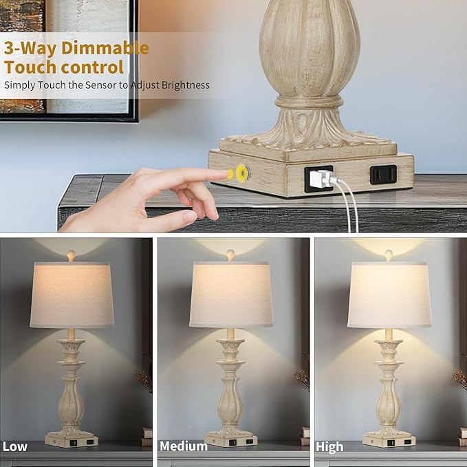 28" Farmhouse Table Lamps Set of 2 for Living Room, 3 Way Dimmable Bedside Lamp with USB C+A Ports & AC Outlet, Resin Vintage Tall Nightstand Lamps for Bedroom Office Hallway, Beige - Bloomnest