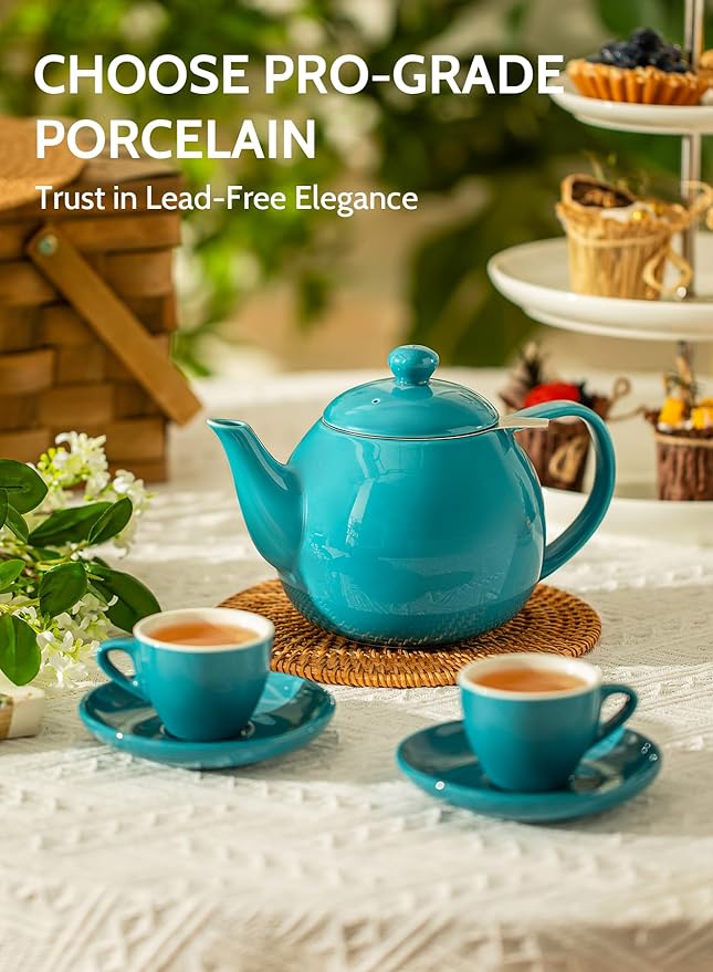 Sweese Teapot, Porcelain Tea Pot with Stainless Steel Infuser, Blooming & Loose Leaf Teapot - 27ounce, Steel Blue - Bloomnest