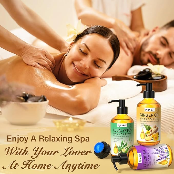 3 Pack Massage Oil for Massage Therapy,Ginger for Lymphatic Drainage, Lavender for Relaxation, Eucalyptus Mint for Muscle Relief | Massage Therapy & Date Night Spa Gift with Massage Ball for Him & Her - Bloomnest