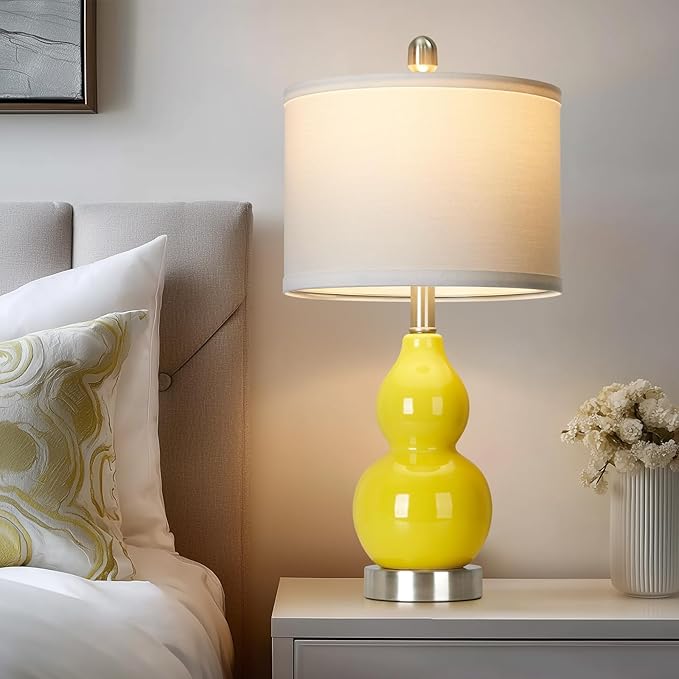 Double Gourd Ceramic Table Lamps Set of 2, Yellow Modern Bedside Lamps for Living Room, Contemporary Nightstand Desk Lamps for Bedroom End Table Home Office Decor(2 LED Bulbs Included) - Bloomnest