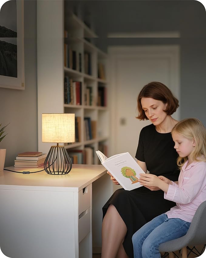 Small Bedside Table Lamp, Black Table Lamp with Metal Cage & Linen Lampshade, Modern Cute Desk Lamp, Cozy Nightstand Lamp for Bedroom, Living Room, Office, 2700K LED Bulb Included, E06TL05 - Bloomnest