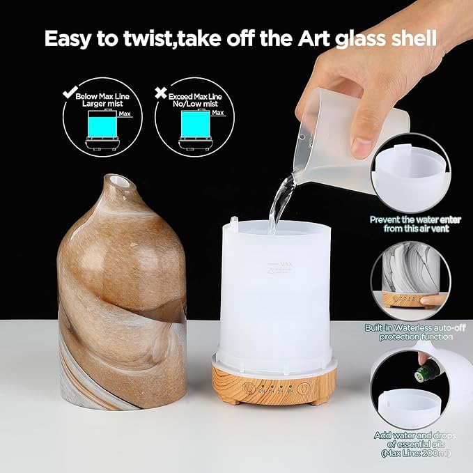 Essential Oil Diffuser Hand Blown Glass Aromatherapy Diffuser - Ultrasonic Cool Mist Scent Aroma Diffuser, Whisper Quiet with Auto Shut-Off, Timer Setting &7 Colors Night Light for Home - Bloomnest