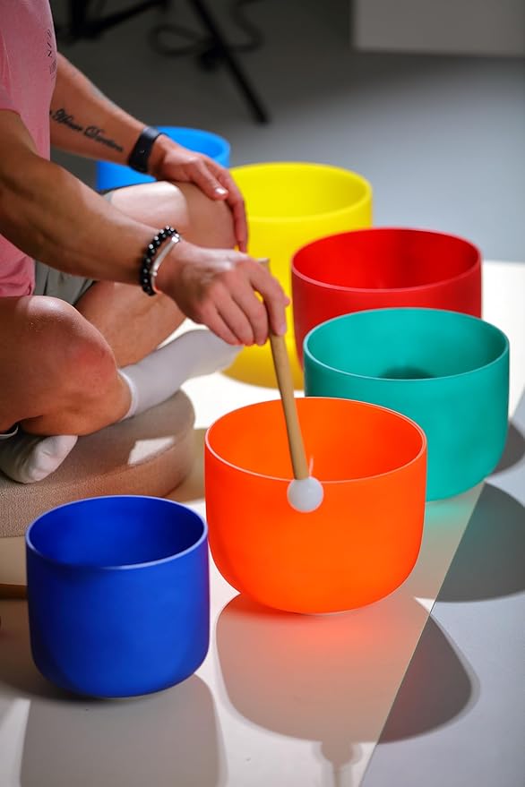 TOPFUND 7-12 inch Chakra Set of 7 Color Crystal Singing Bowls with Heavy Duty Carrying Cases and Mallets