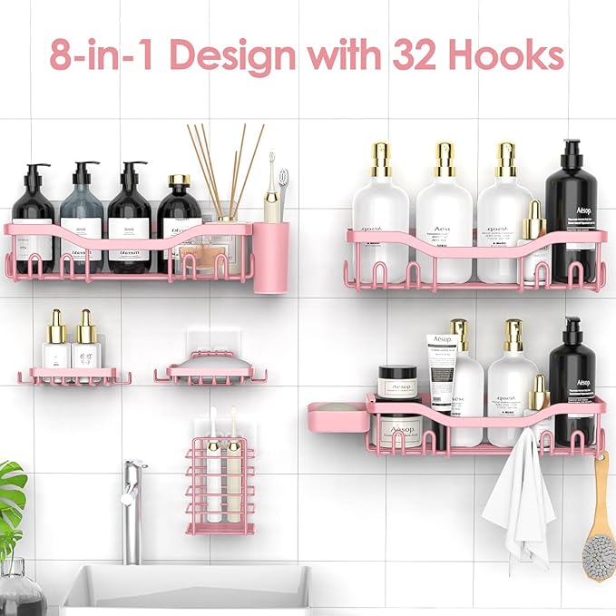 Shower Caddy Adhesive Shower Organizer 8-Pack, Rustproof Stainless Steel Bathroom Shelves, Large Capacity No-Drill Rack Storage Accessories with Soap Dish Toothbrush Holder Hooks - Bloomnest