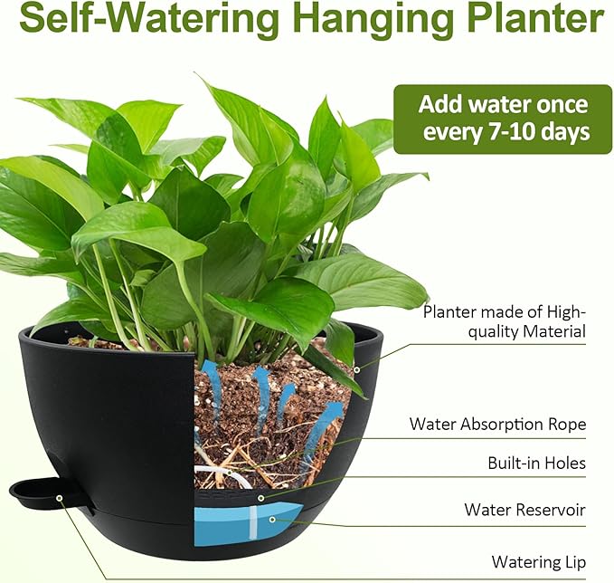 WOUSIWER Self Watering Hanging Planters, 2 Pack 12'' Plastic Pots with Drainage Holes & Reservoir Tray (Black) | Indoor & Outdoor Use for Ferns, Ivy, Herbs, Succulents - Bloomnest