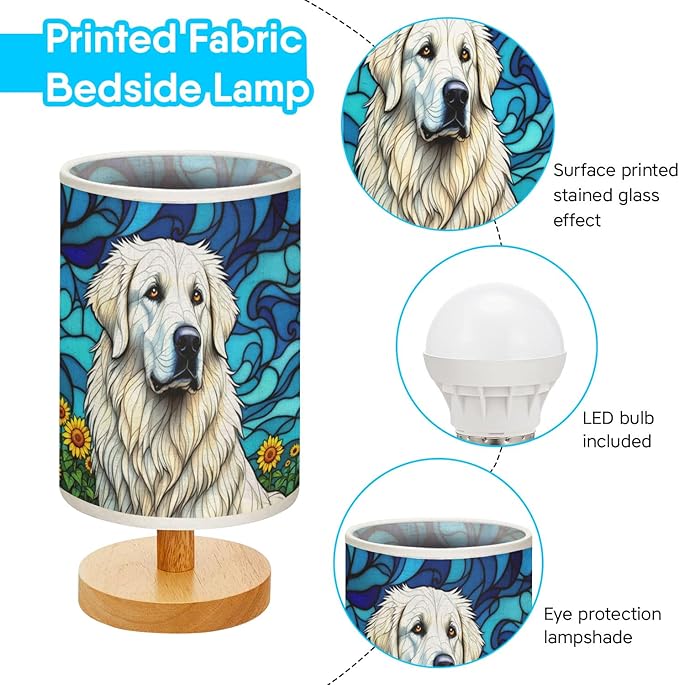 Great Pyrenees Table Lamp LED 3-Color Pressed Bedside, Dog Shade Lamp with Wood Base for Bedroom Living Room Desk Office - Bloomnest