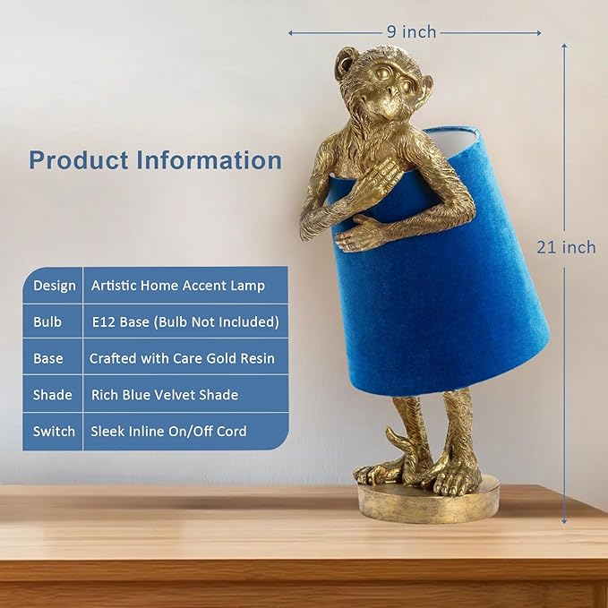 Crestview Collection Monkey Table Lamp – Gold Resin Animal Lamp, Retro Rustic Art Deco Farmhouse Desk Lamp with Blue Velvet Shade for Bedroom, Living Room, Bedside, Nightstand or Small Space - Bloomnest